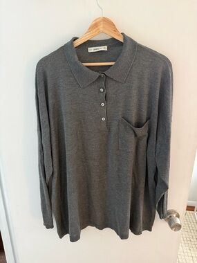 ZARA Gray Lightweight Oversized Long-Sleeve Polo Top Size Small